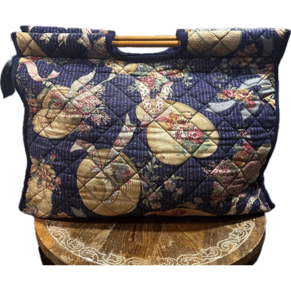 Vintage Quilted Floral Sun Hat Tote Bag Navy Blue Wood Handle Cottagecore Craft